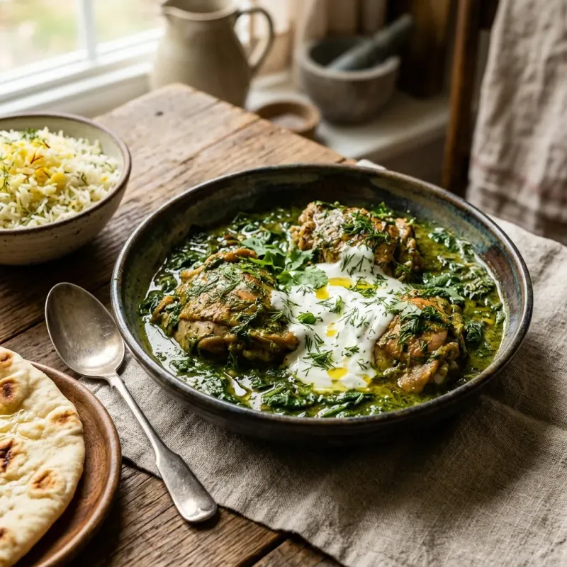 Afghan Garlic Dill And Spinach Braised Chicken