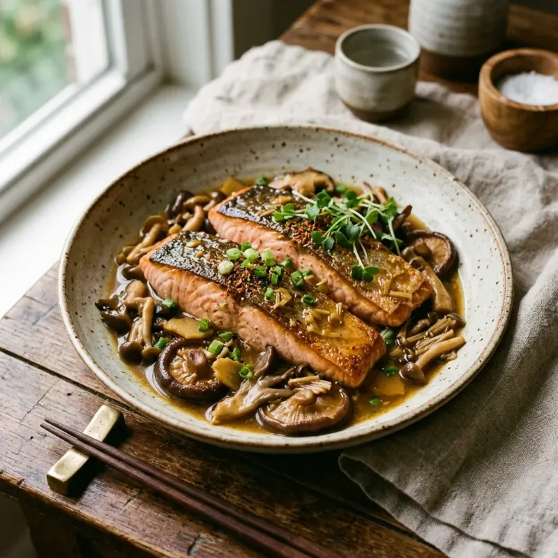 Butter Dashi Braised Salmon And Wild Mushrooms