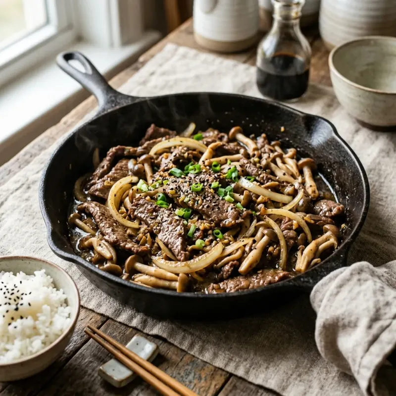 Wafu Pepper Steak Skillet With Shimeji Mushrooms