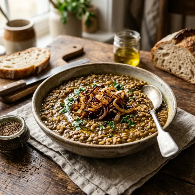 Palestinian Caraway Spiced Lentil And Brown Rice Stew With Crispy Shallots