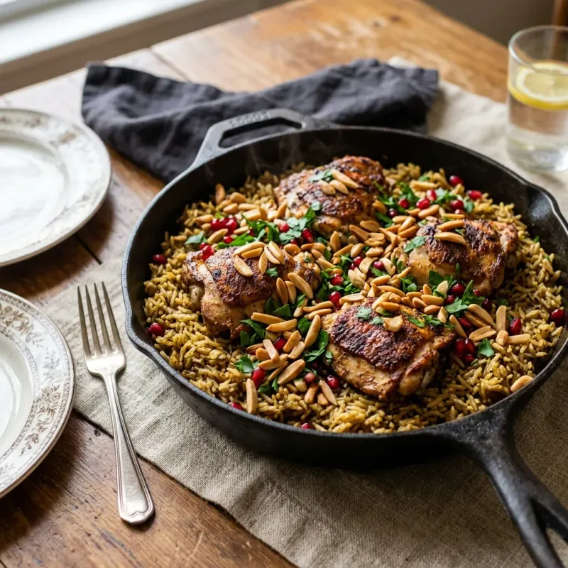 Lebanese Spiced Chicken And Rice Skillet With Toasted Almonds