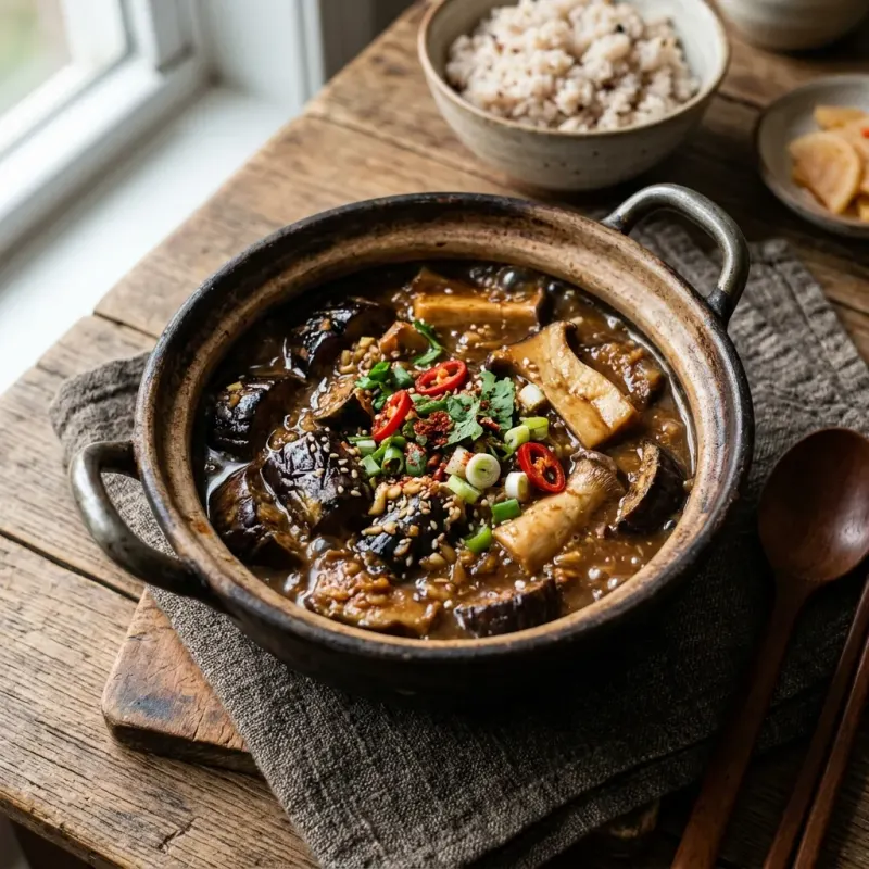 Doenjang Braised Eggplant And Mushroom Claypot