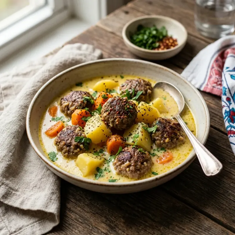 Turkish Lemon Stewed Meatballs With Potatoes And Carrots