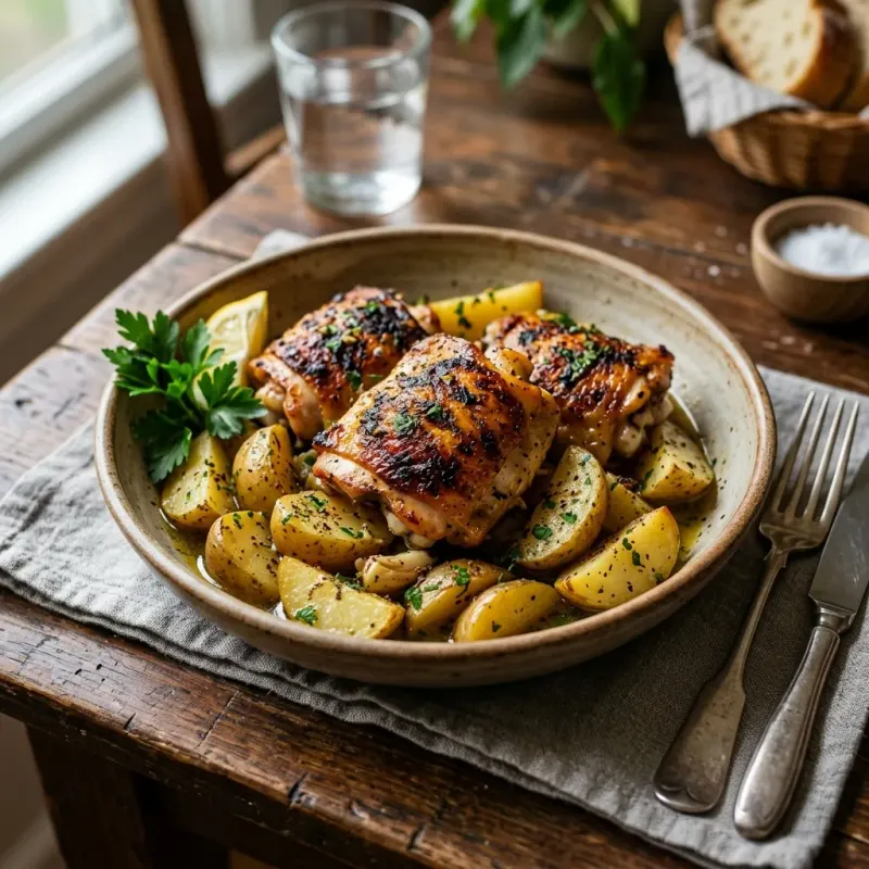 Lebanese Garlic Lemon Chicken Thighs With Potatoes