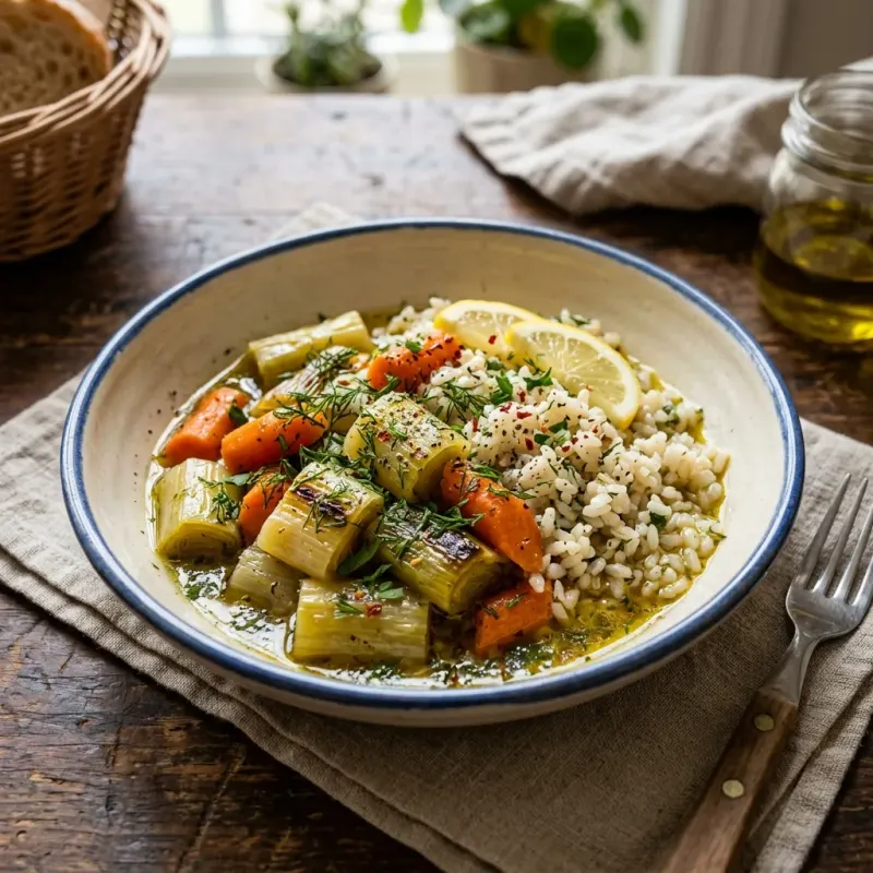 Turkish Olive Oil Braised Leeks With Carrots And Rice