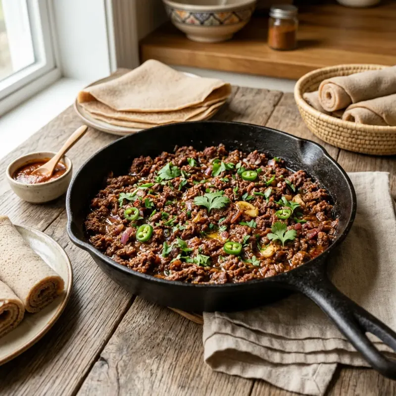 Ethiopian Spiced Minced Beef And Garlic Butter Skillet