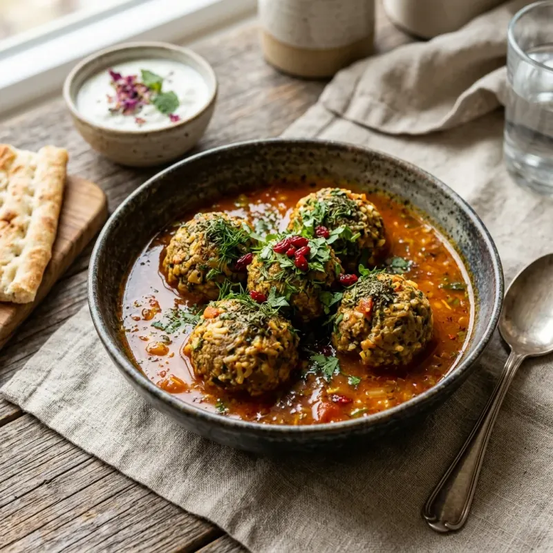 Iranian Herb And Rice Meatballs In Saffron Tomato Broth