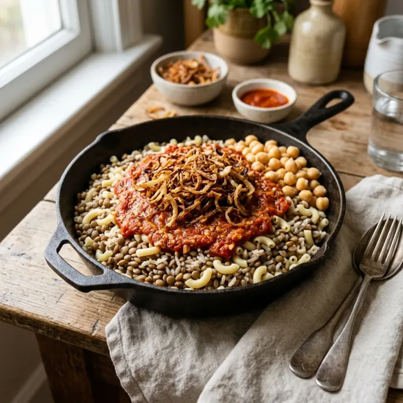 Egyptian Koshari Skillet With Garlic Tomato Sauce And Crispy Onions
