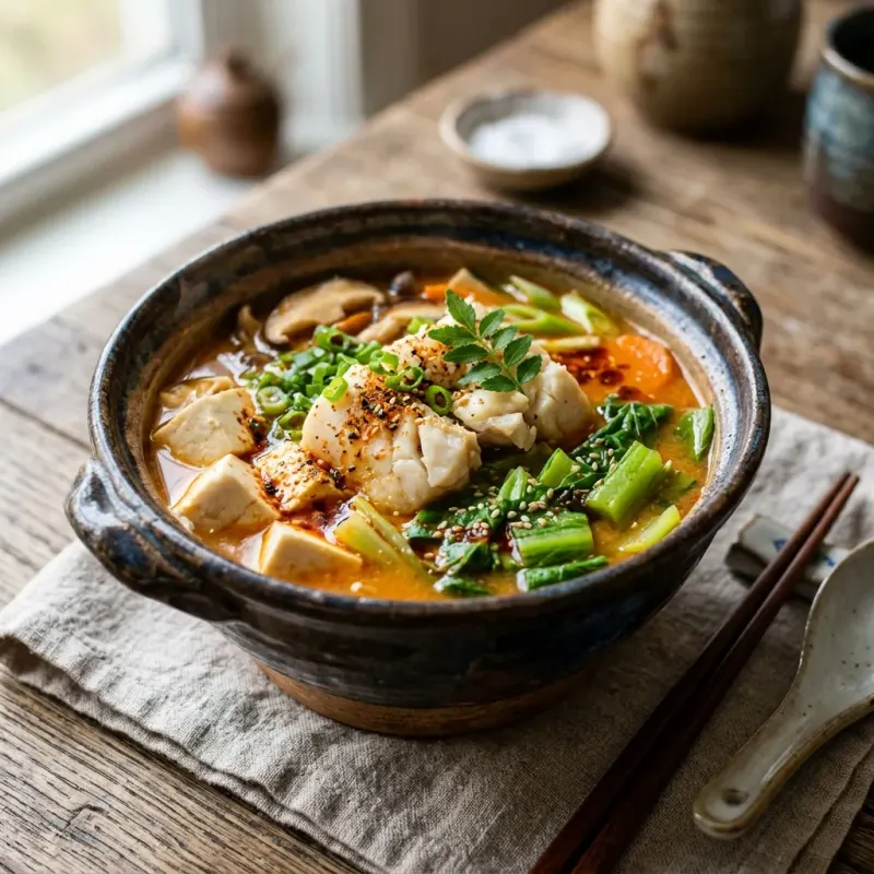 Spicy Miso Halibut Soup With Mustard Greens