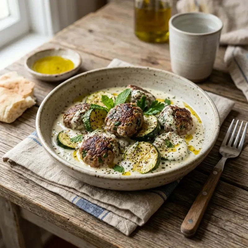 Palestinian Minted Garlic Yogurt Braised Meatballs With Zucchini