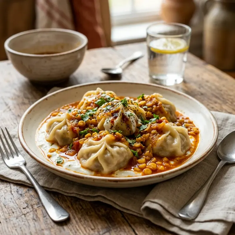 Afghan Steamed Beef Dumplings With Yellow Split Pea Sauce