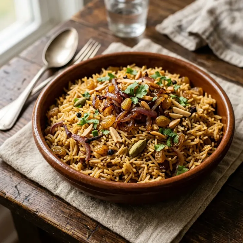 Somali Cardamom Rice Pilaf With Caramelized Onions And Raisins