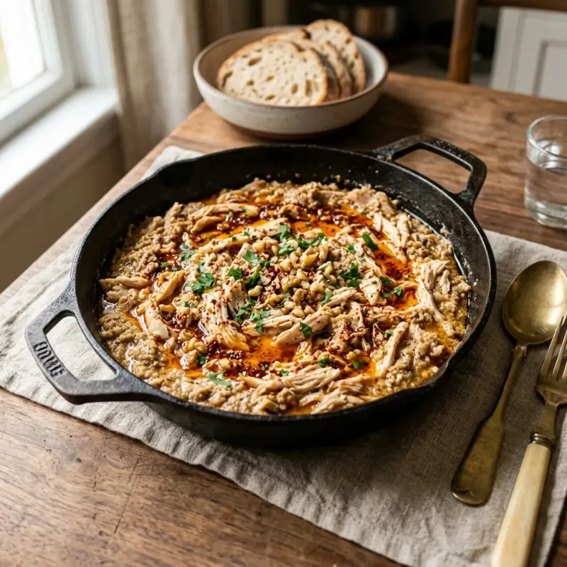 Turkish Garlic Walnut And Shredded Chicken Skillet