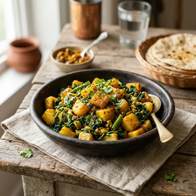 Punjabi Aloo Methi (Crispy Potatoes With Fresh Fenugreek)