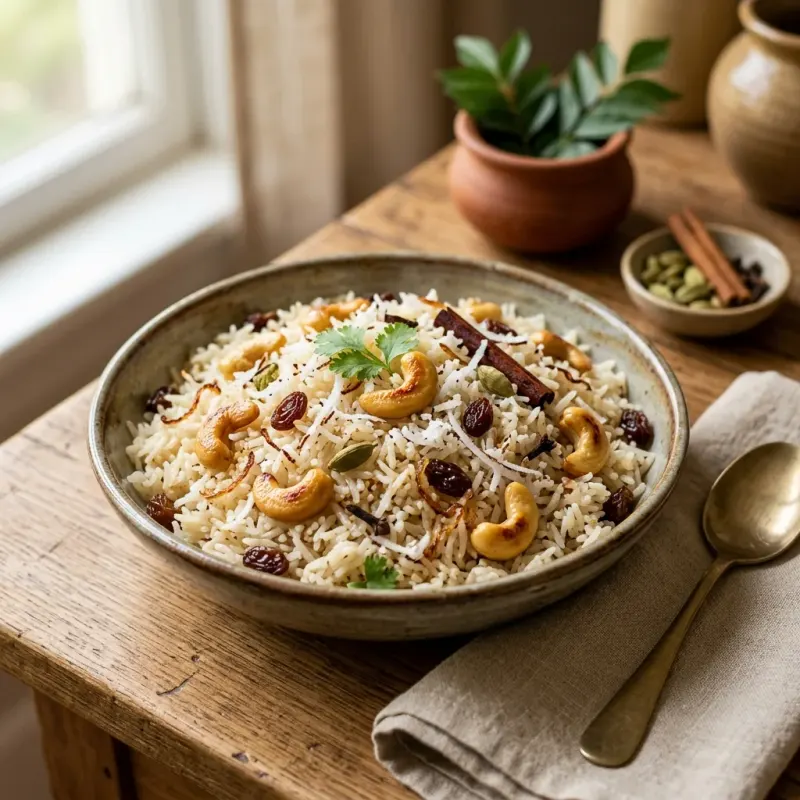 Bengali Spiced Coconut Rice With Raisins And Cashews