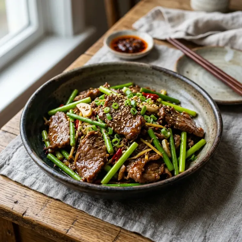 Sichuan Beef Stir-Fry With Garlic Sprouts And Cumin