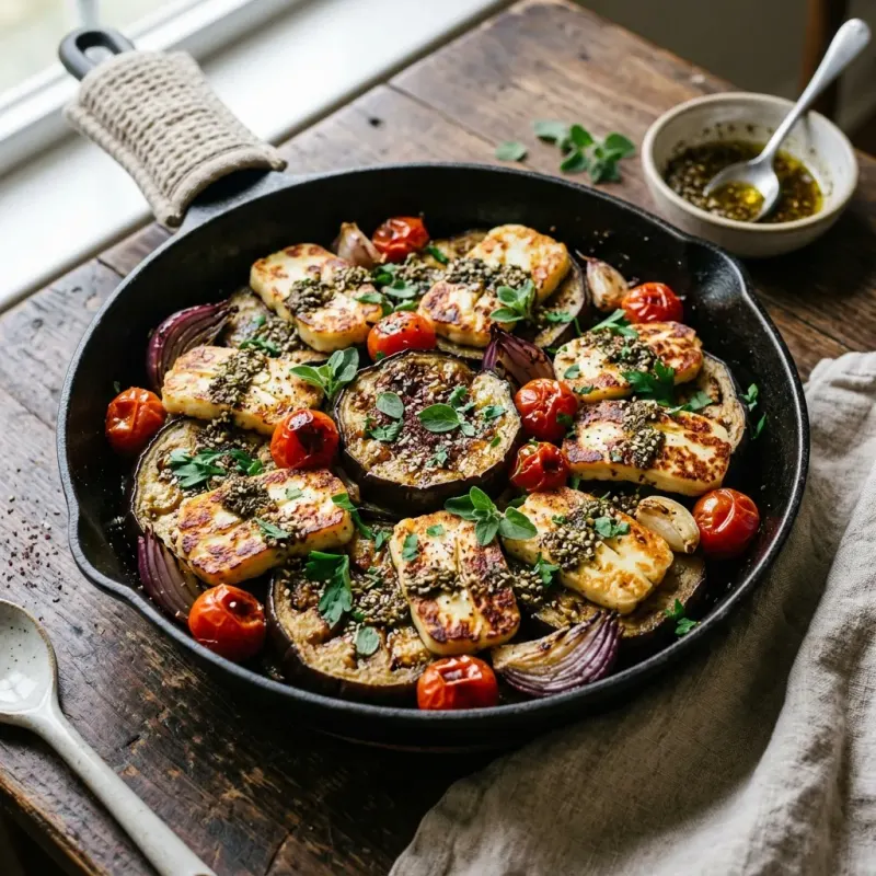 Lebanese Zaatar Roasted Eggplant And Halloumi Skillet