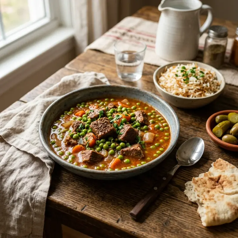 Palestinian Caraway Braised Beef And Green Pea Stew