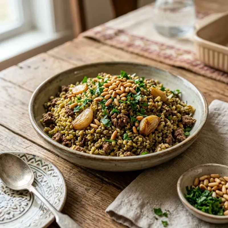 Palestinian Braised Beef And Freekeh Pilaf With Caramelized Garlic