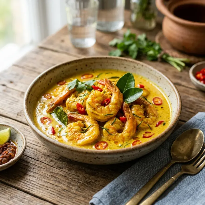 Udang Masak Lemak Cili Padi (Malaysian Turmeric Coconut Shrimp)