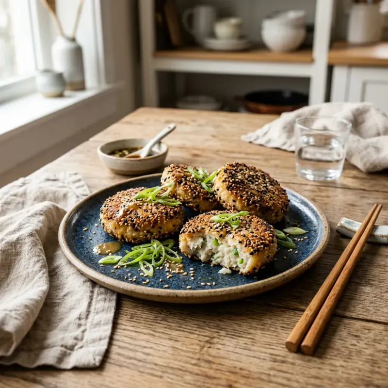 Pan-Seared White Miso Fish Cakes With Sesame Crust