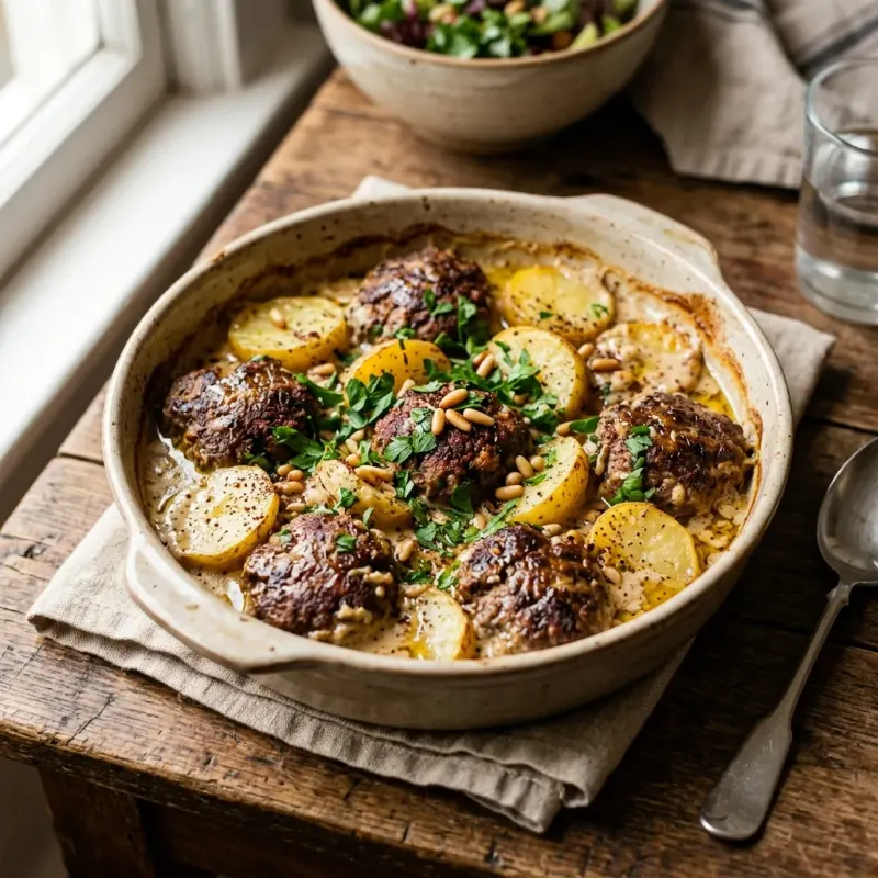 Palestinian Tahini Roasted Beef Kofta With Gold Potatoes