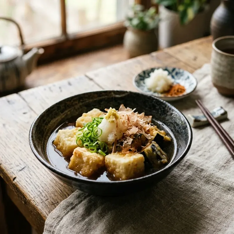 Crispy Eggplant And Tofu Agedashi In Dashi Broth