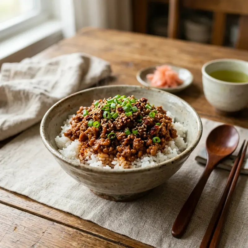 Spicy Sesame Miso Ground Chicken Rice Bowl
