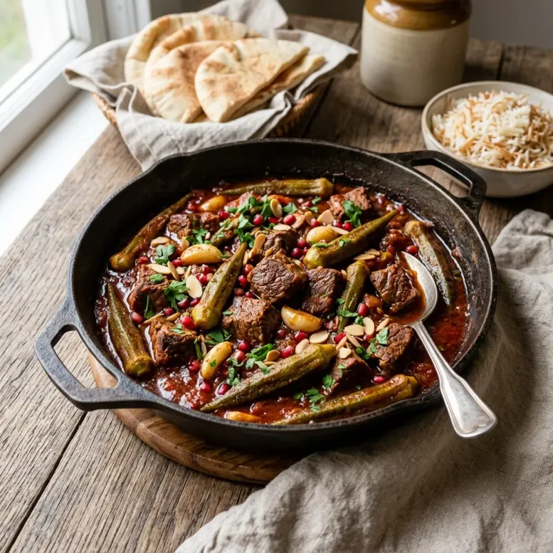 Lebanese Pomegranate Braised Okra And Beef Skillet