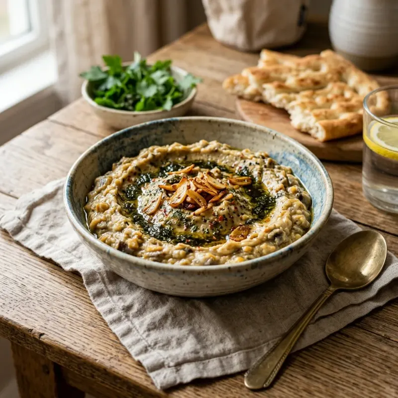 Iranian Garlic Eggplant And Yellow Lentil Dip