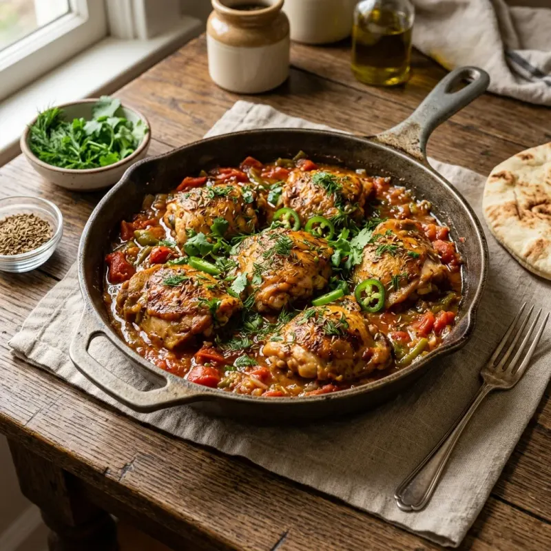 Gazan Green Chile Chicken Skillet With Dill Seed And Tomatoes