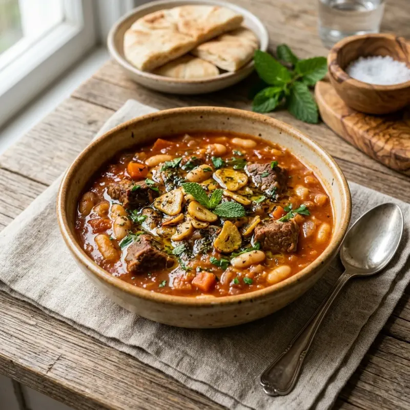 Lebanese White Bean And Beef Stew With Garlic Mint Tarka