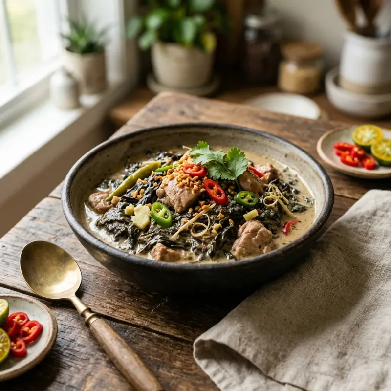 Ginataang Laing (Spiced Coconut Taro Leaves With Chicken)