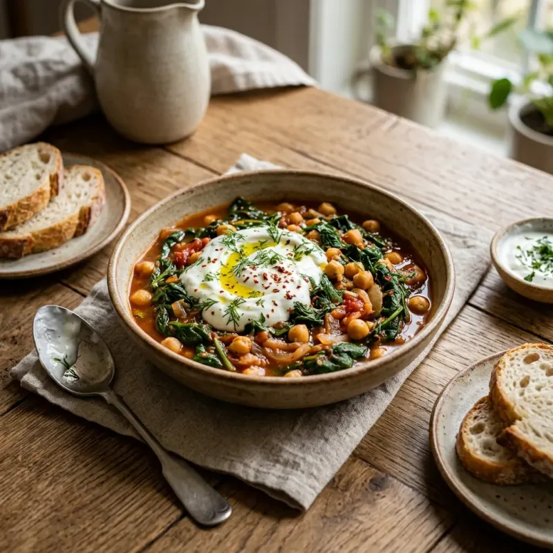 Turkish Tomato And Garlic Braised Spinach With Chickpeas
