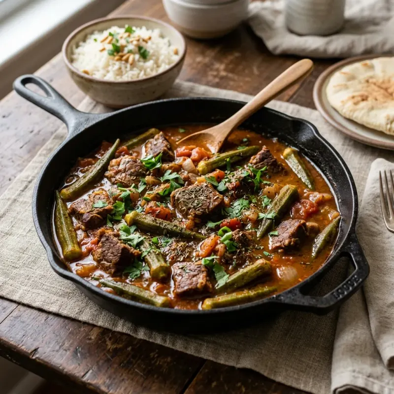 Palestinian Allspice Braised Beef And Okra Skillet
