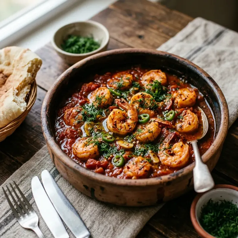 Palestinian Gazan Spicy Tomato And Dill Shrimp Skillet
