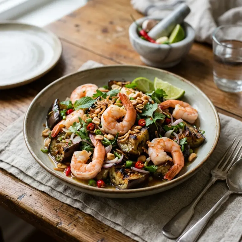 Thai Smoky Eggplant Salad With Poached Shrimp