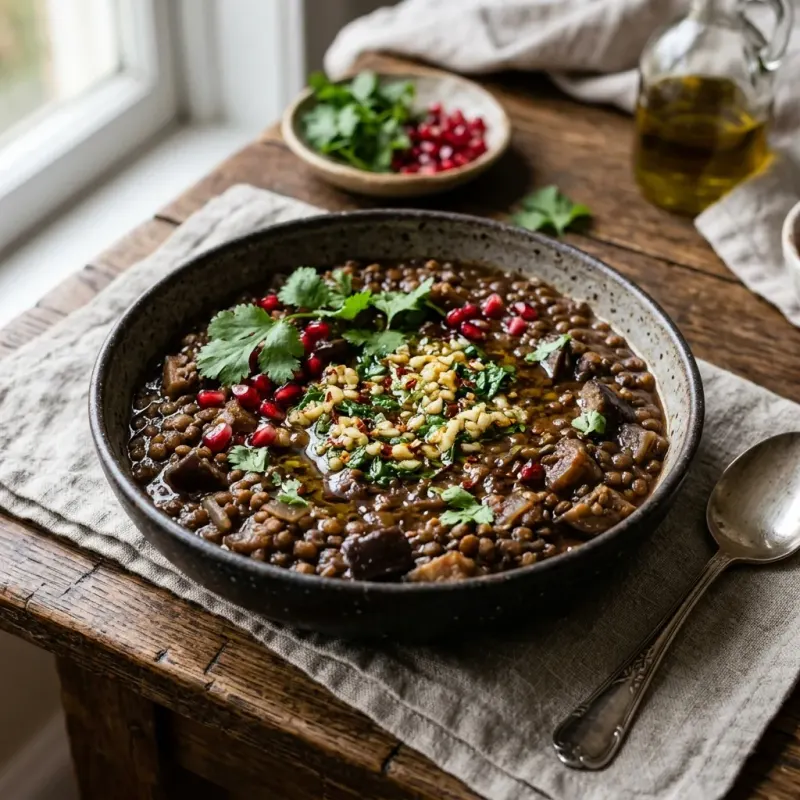Palestinian Pomegranate Lentil And Eggplant Stew