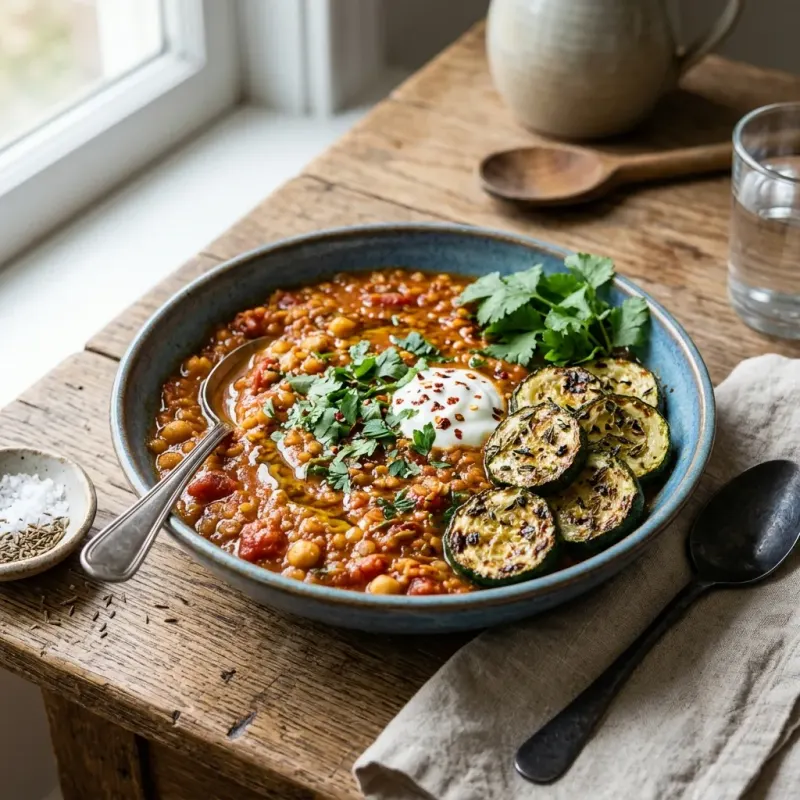 Moroccan Harissa Red Lentil Stew With Roasted Zucchini