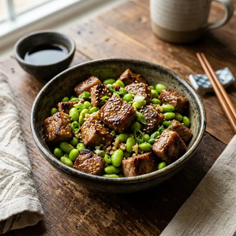 Savory Wafu Garlic Butter Steak Bits With Edamame
