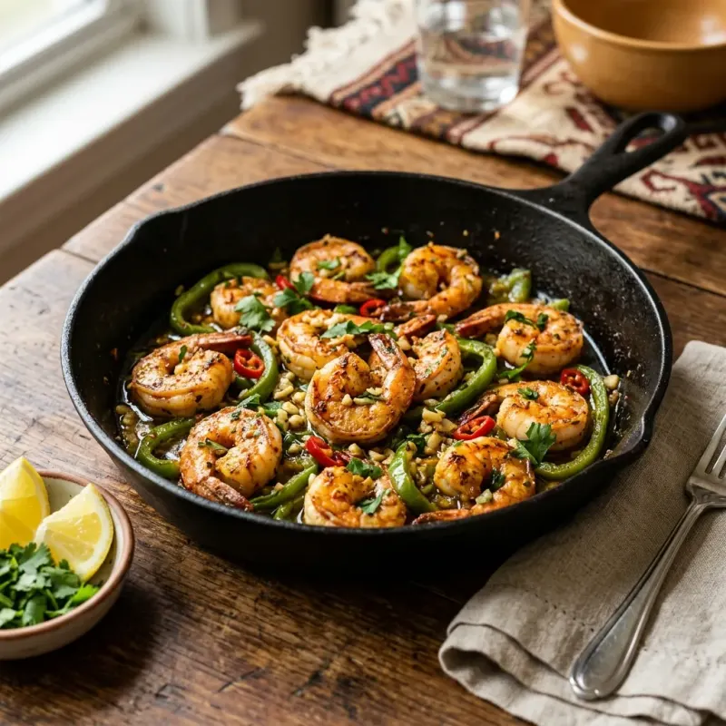 Egyptian Alexandrian Spiced Shrimp Skillet With Sweet Peppers And Garlic