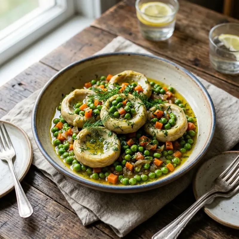 Turkish Braised Artichokes With Peas And Lemon Dill Sauce