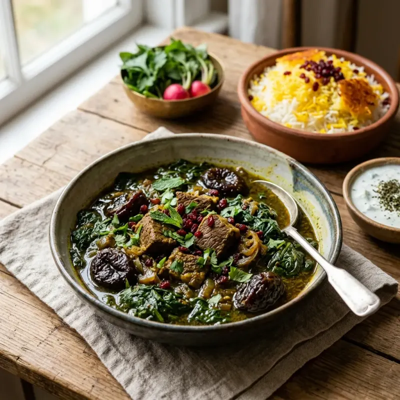 Iranian Saffron Spinach And Prune Beef Stew