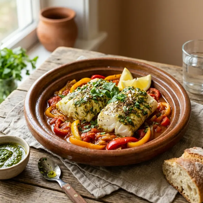 Moroccan Charmoula Braised Cod With Sweet Peppers