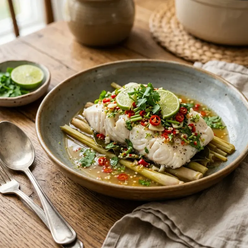 Thai Lemongrass Halibut Steamed With Lime Chili Sauce