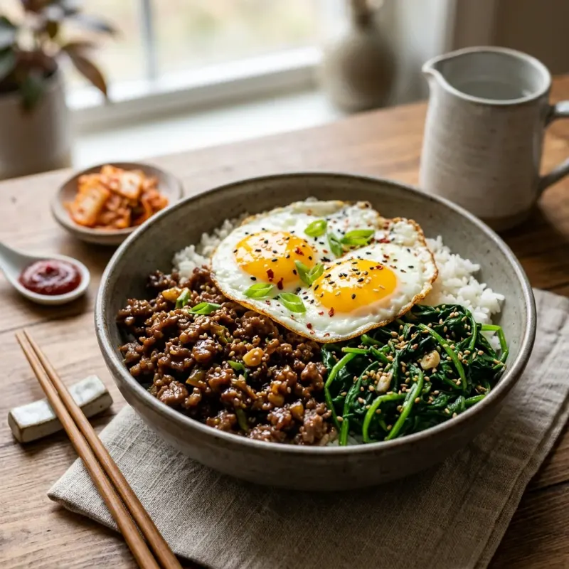 Korean Honey Garlic Beef And Spinach Rice Bowl