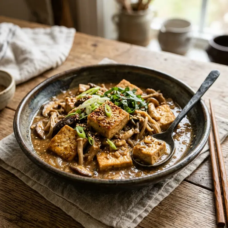 Korean Perilla And Soybean Paste Braised Tofu With Mushrooms