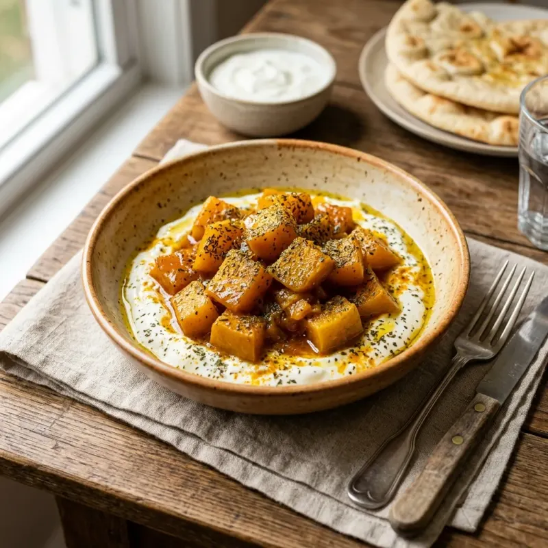Afghan Sweet Turmeric Pumpkin Braise With Mint Garlic Yogurt