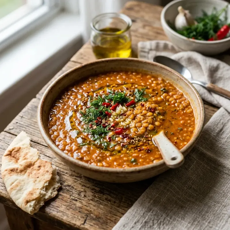 Gazan Spicy Garlic And Dill Red Lentil Stew